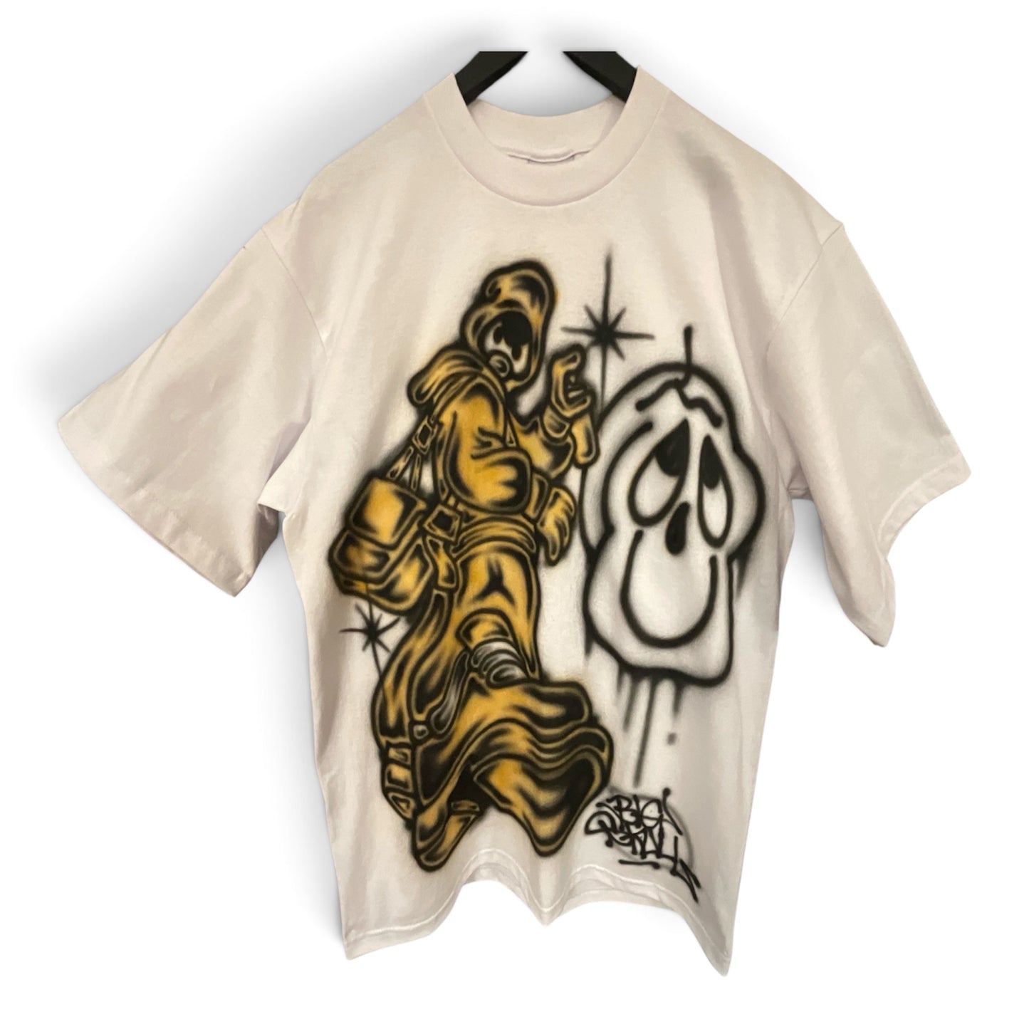 Big Skull Custom Airbrush Pro Club Heavy Weight T-Shirt White L Hooded Graffiti Skull Graphic