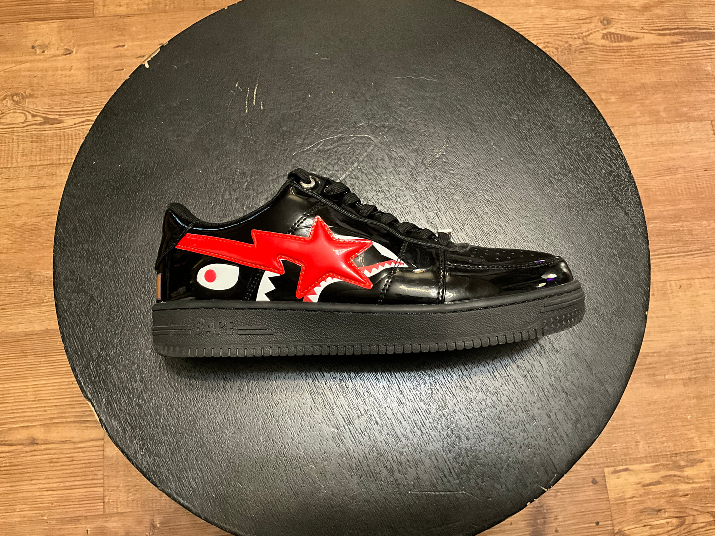 A Bathing Ape Bapesta Low Black Shark Face Patent Leather Sneakers Red Shark Size 10