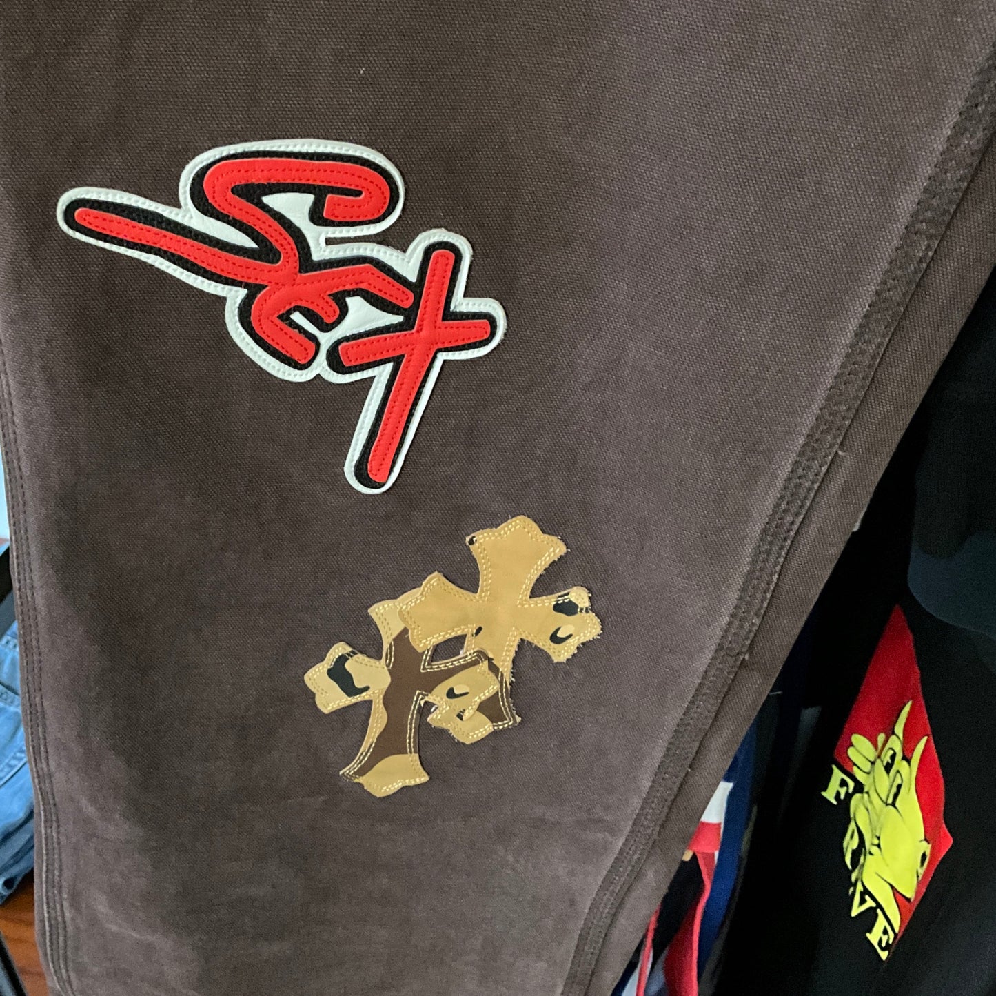 Chrome Hearts Matty Boy Sex Records Carpenter Pants Dark Brown Leather Cross Patch Graphic Pants Size 34x33