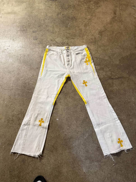 Chrome Hearts Levis White and Yellow Cross Patch Jeans