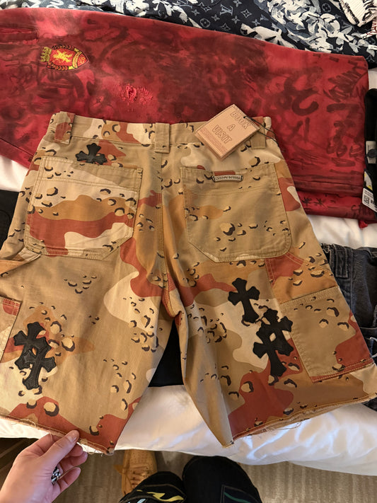 Chrome Hearts x Matty Boy Sex Records Woodland Camo Carpenter Shorts Leather Cross Patches