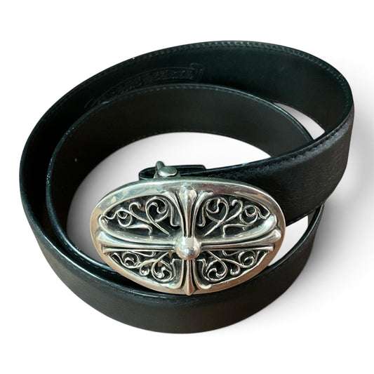 Chrome Hearts Oval Cross Belt Black Leather Sterling Silver Buckle Designer Luxury Belt Size 34
