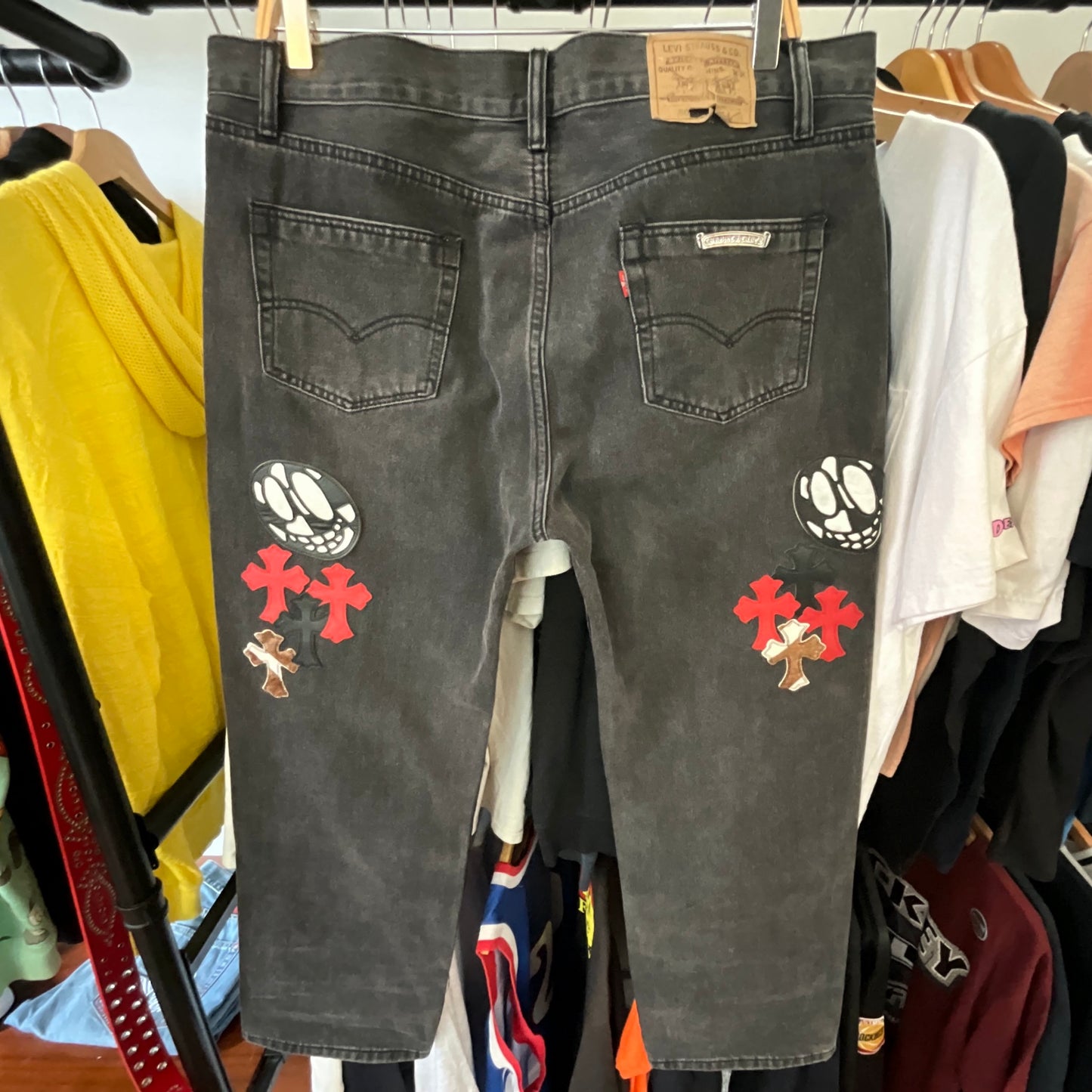 Chrome Hearts Multi Patch Fleur Knee Straight Leg Jeans Leather Cross Patch Denim Size 36x34