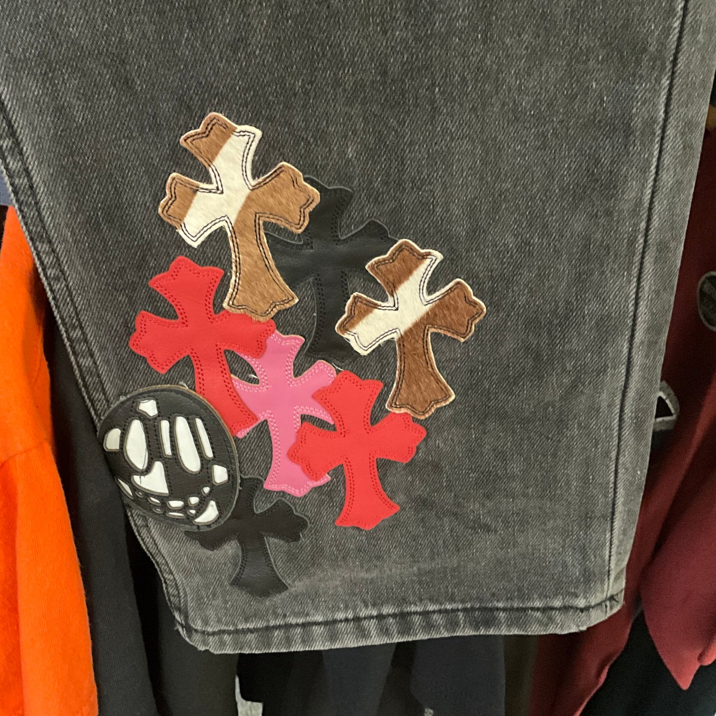 Chrome Hearts Multi Patch Fleur Knee Straight Leg Jeans Leather Cross Patch Denim Size 36x34