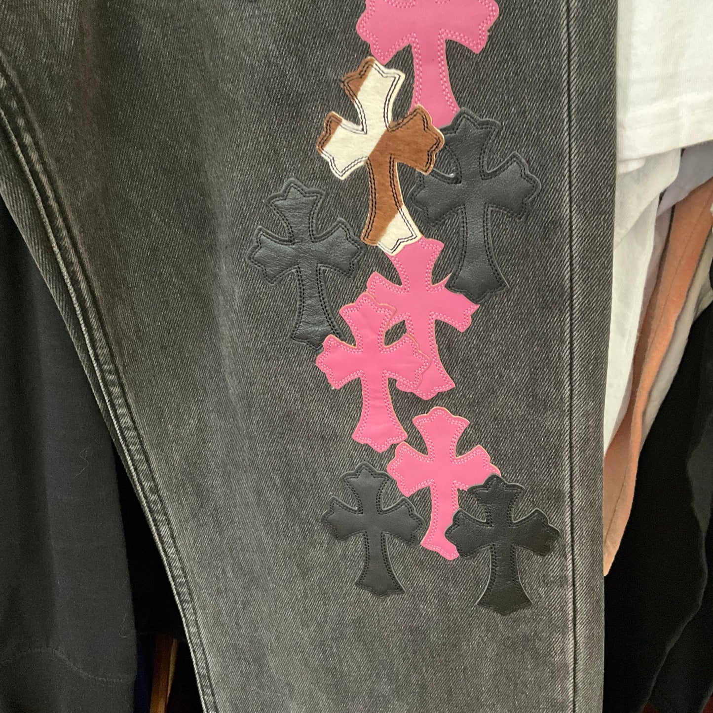 Chrome Hearts Multi Patch Fleur Knee Straight Leg Jeans Leather Cross Patch Denim Size 36x34