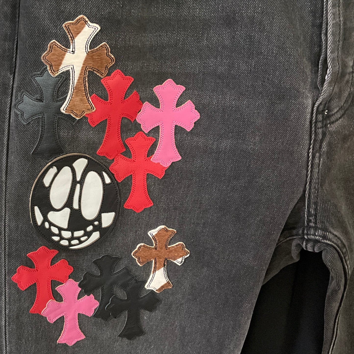 Chrome Hearts Multi Patch Fleur Knee Straight Leg Jeans Leather Cross Patch Denim Size 36x34