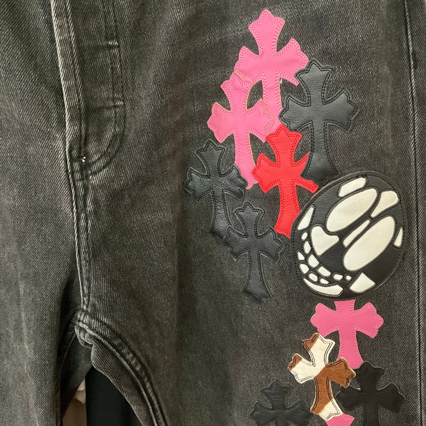 Chrome Hearts Multi Patch Fleur Knee Straight Leg Jeans Leather Cross Patch Denim Size 36x34