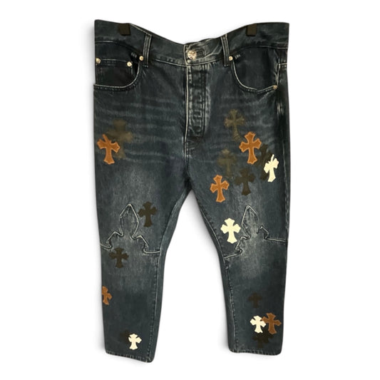 Chrome Hearts Multi Patch Fleur Knee Straight Leg Jeans Leather Cross Patch Denim Size 36x34