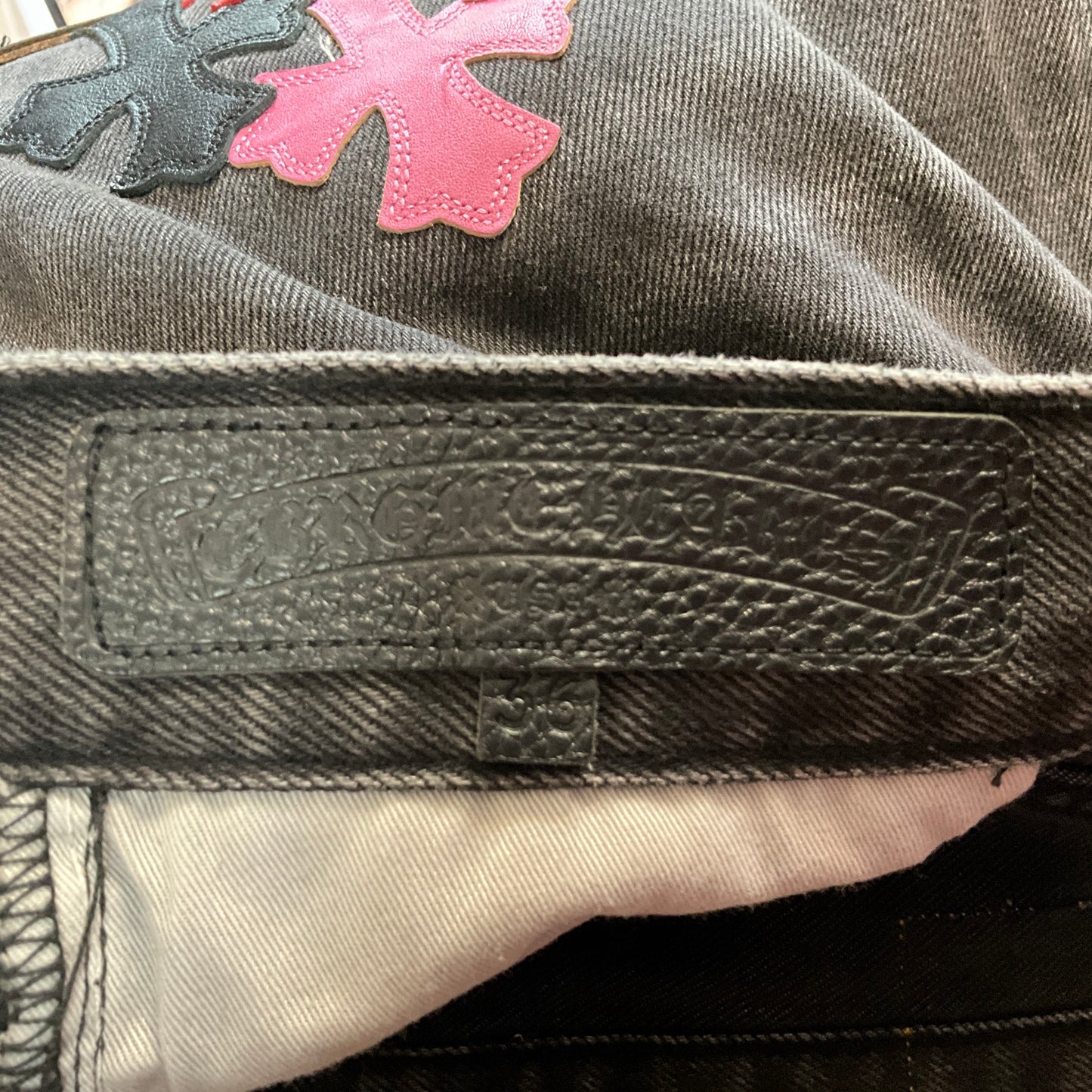 Chrome Hearts Multi Patch Fleur Knee Straight Leg Jeans Leather Cross Patch Denim Size 36x34