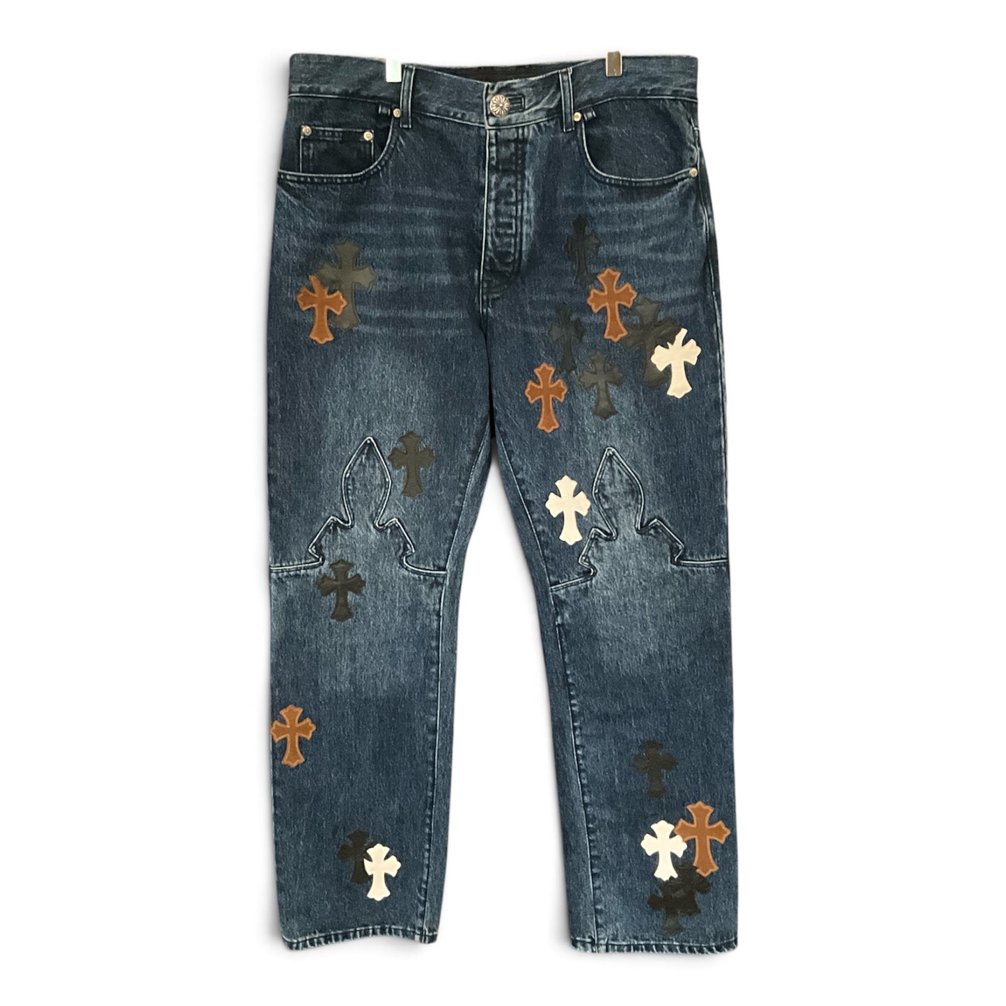 Chrome Hearts Style Cross Fleur Patch Denim Jeans Medium Wash Size 34