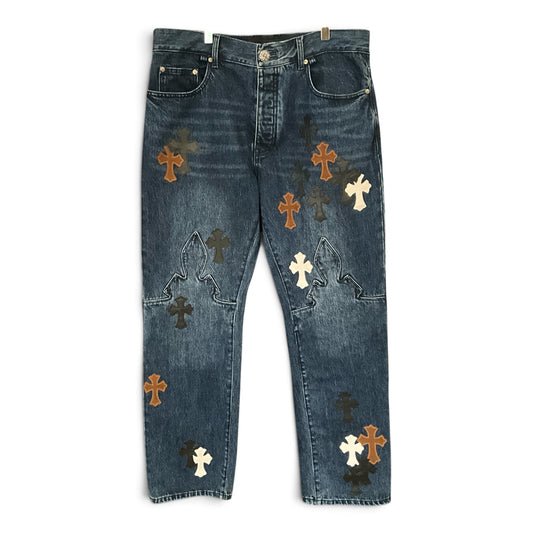 Chrome Hearts Style Cross Fleur Patch Denim Jeans Medium Wash Size 34