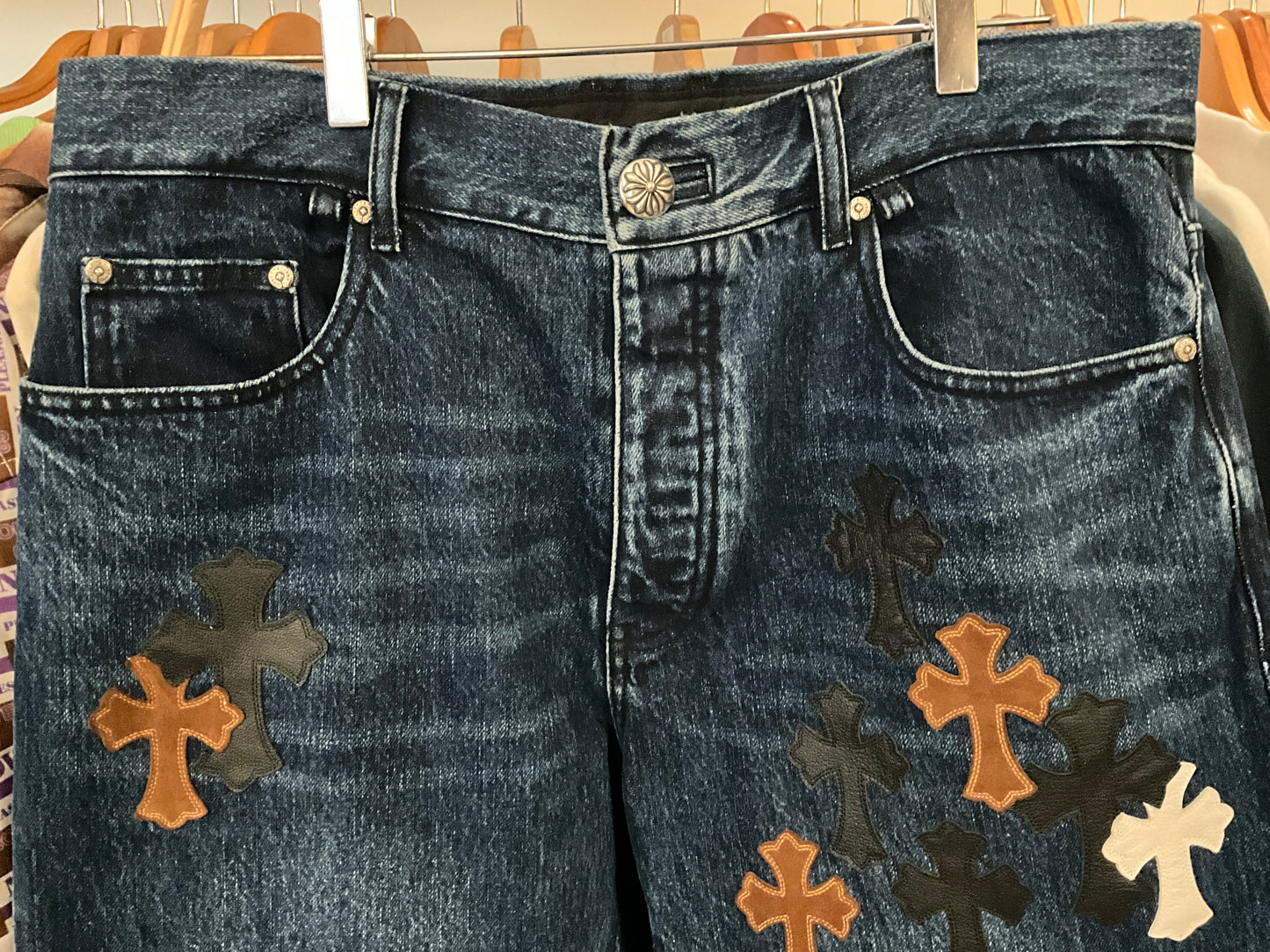 Chrome Hearts Style Cross Fleur Patch Denim Jeans Medium Wash Size 34