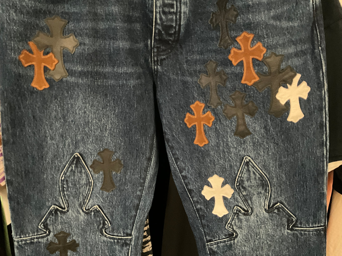 Chrome Hearts Style Cross Fleur Patch Denim Jeans Medium Wash Size 34