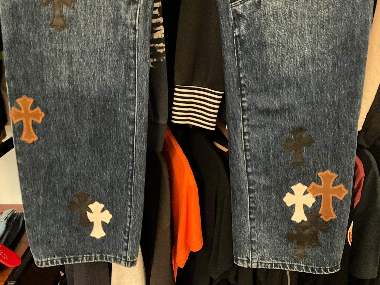 Chrome Hearts Style Cross Fleur Patch Denim Jeans Medium Wash Size 34