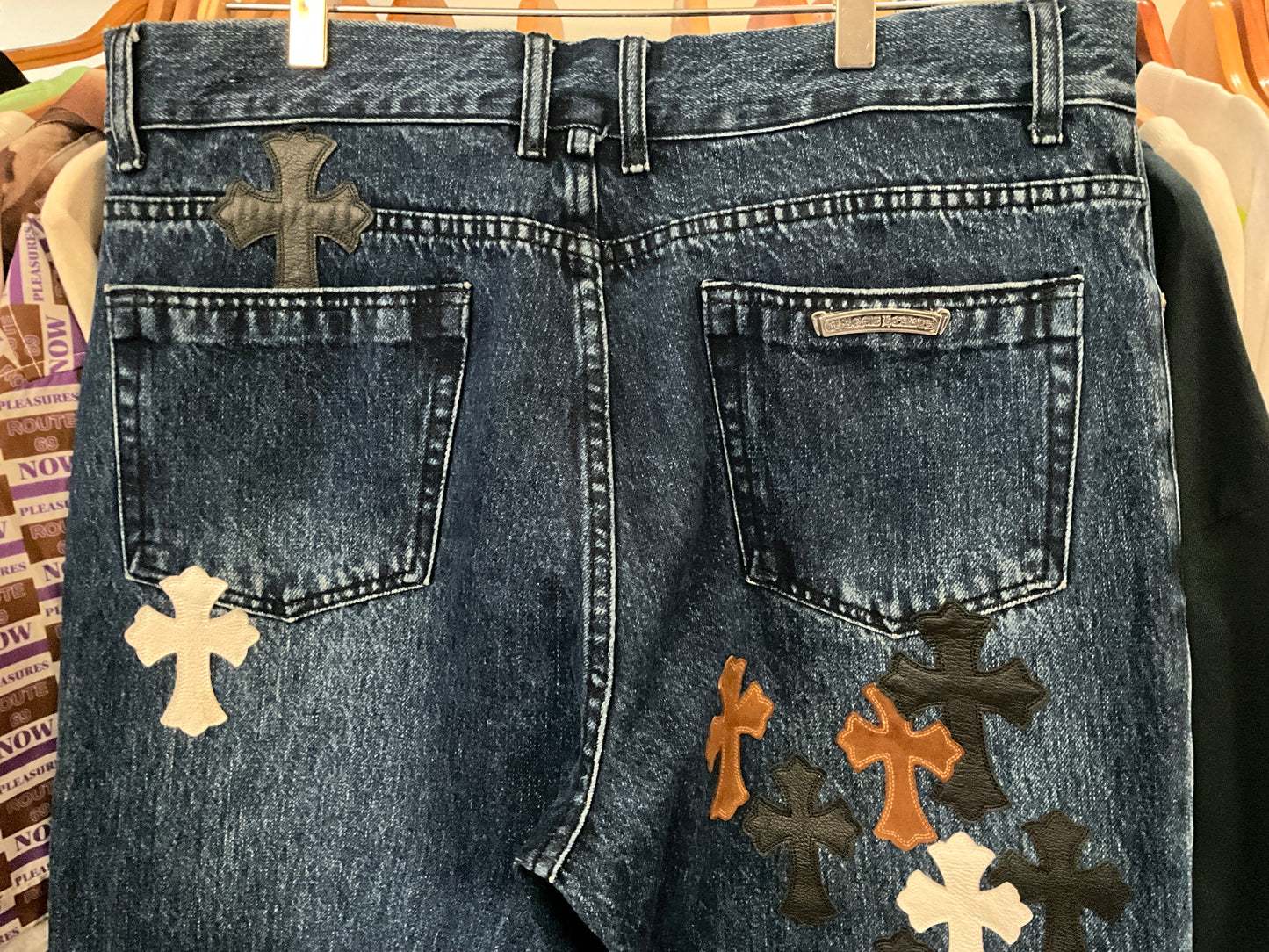 Chrome Hearts Style Cross Fleur Patch Denim Jeans Medium Wash Size 34