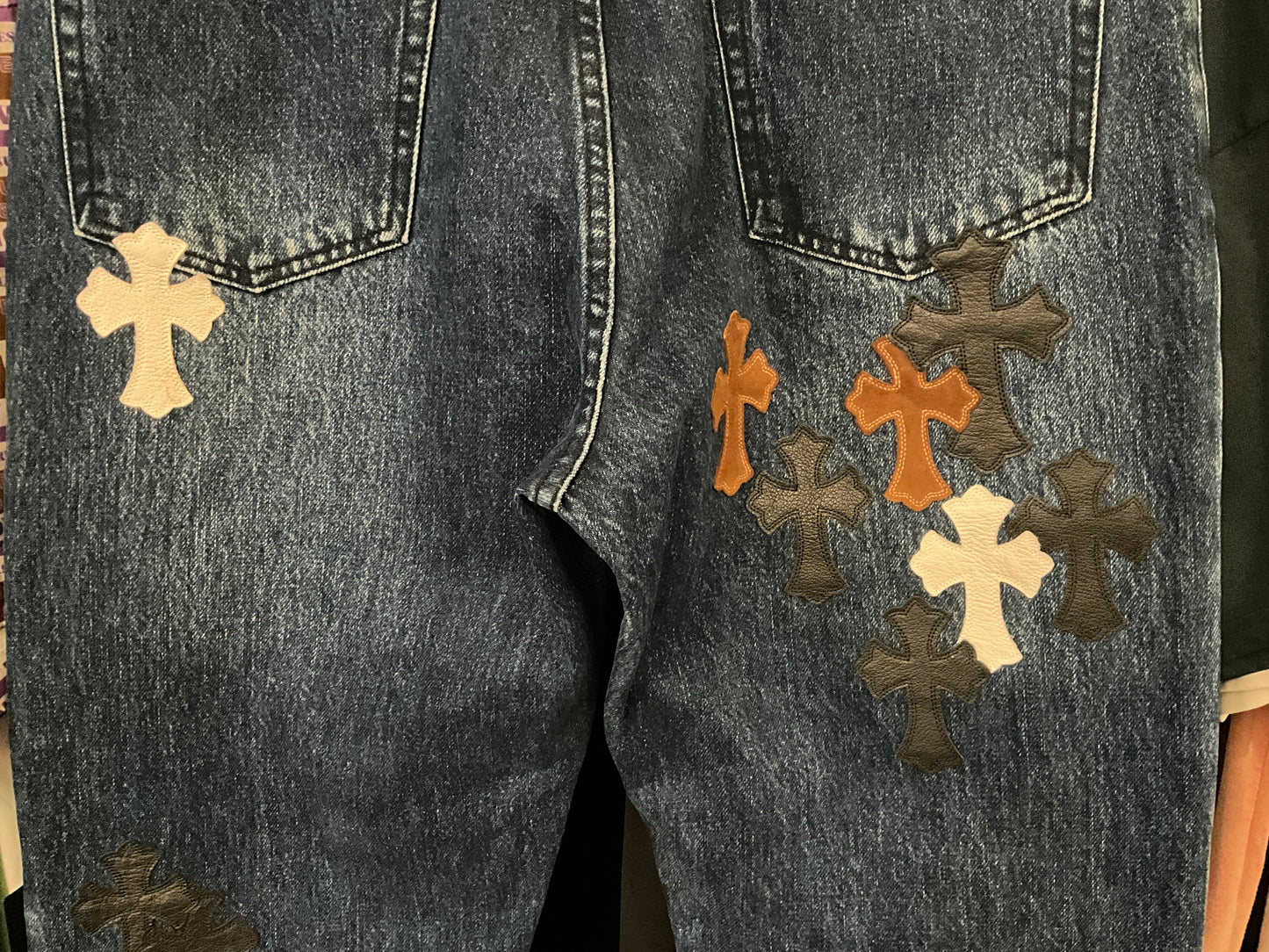 Chrome Hearts Style Cross Fleur Patch Denim Jeans Medium Wash Size 34