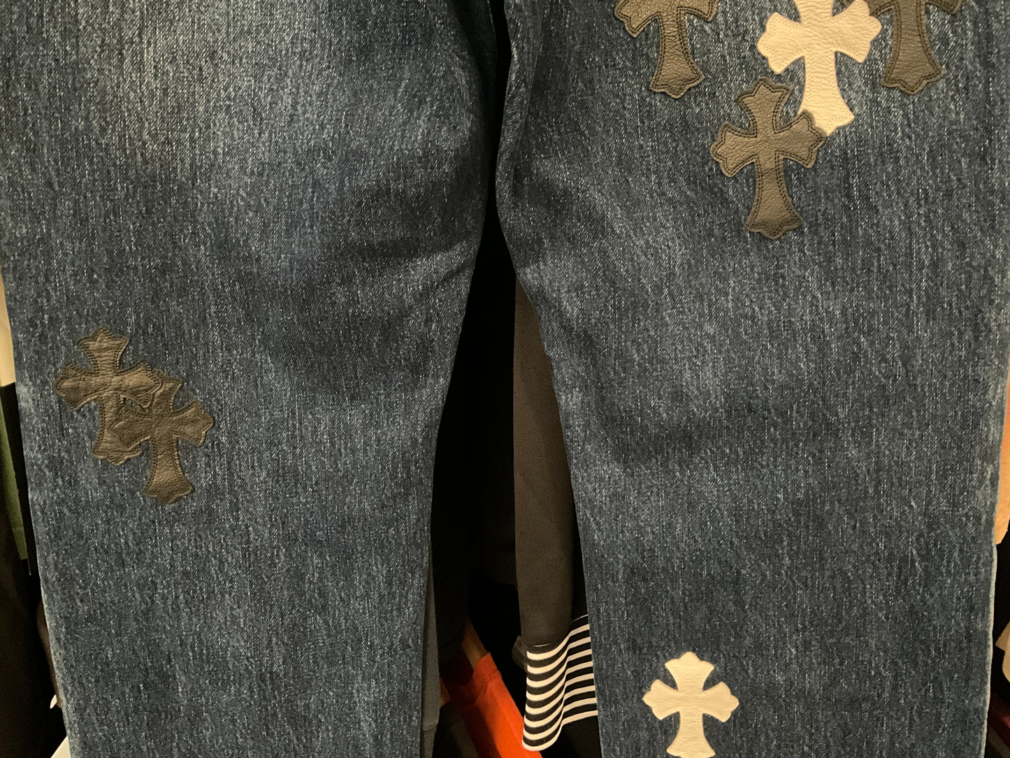 Chrome Hearts Style Cross Fleur Patch Denim Jeans Medium Wash Size 34