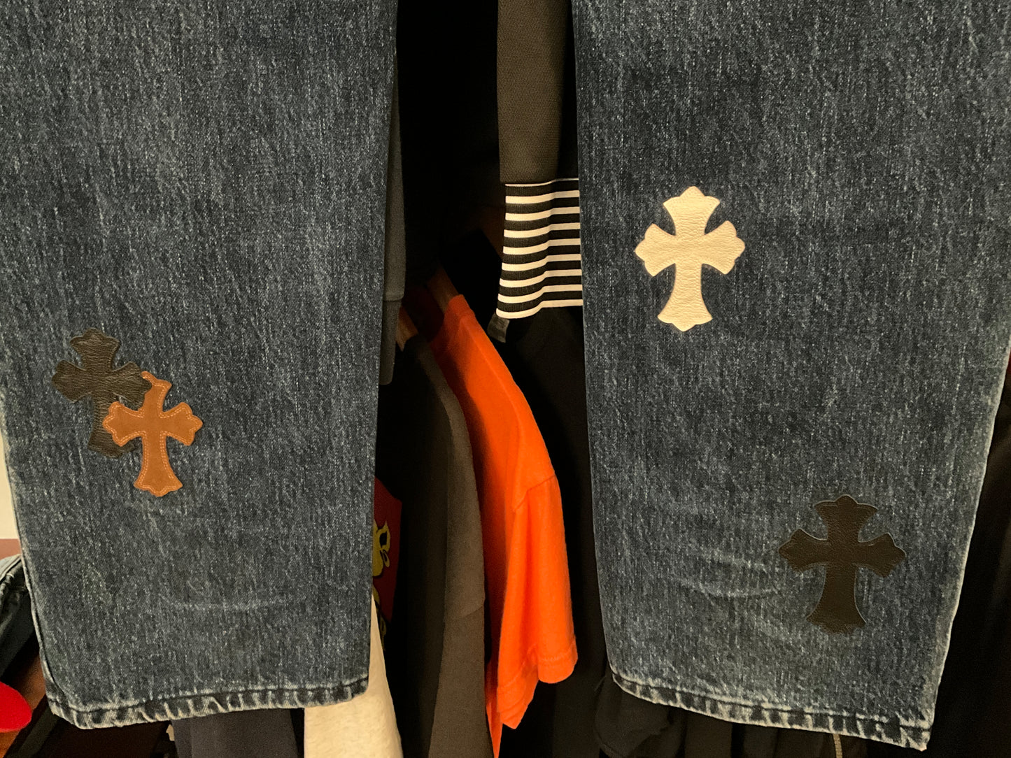 Chrome Hearts Style Cross Fleur Patch Denim Jeans Medium Wash Size 34