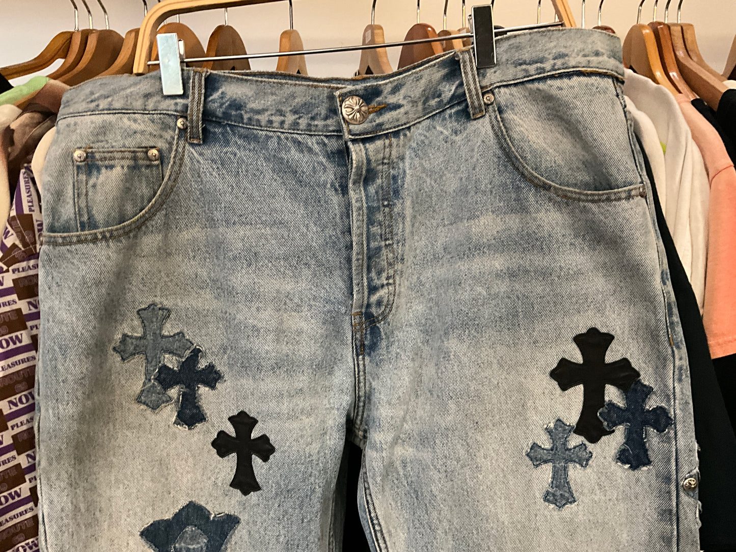 Chrome Hearts x Matty Boy Cross Patch Denim Jeans Light Wash Size 36